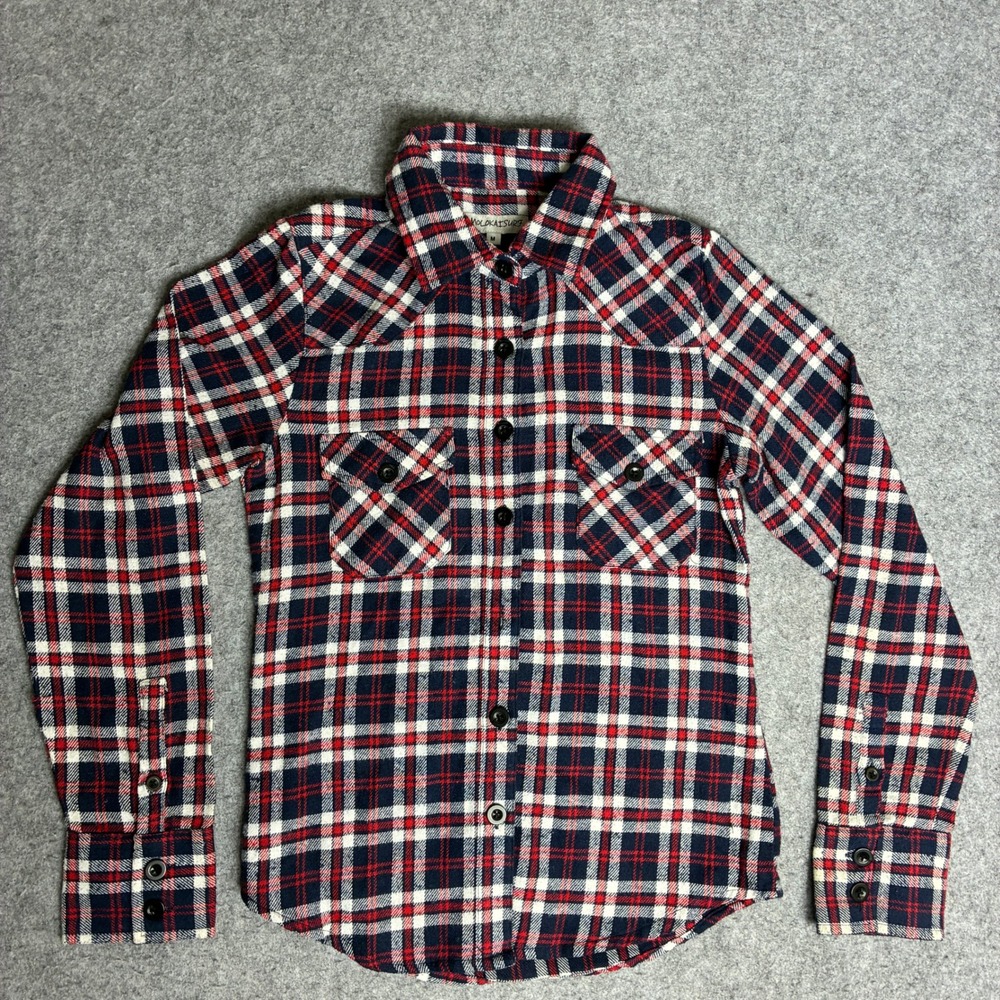 Molokai Surf Boys Size Medium Red White Navy Blue Plaid Western Flannel Shirt